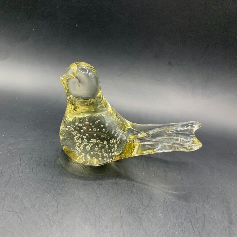 Paperweight Yellow Clear Bird Clear Bubbles Polished Vintage Heavy Glass